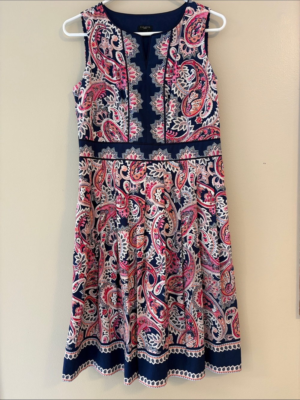 Talbots Petites 6P Navy Pink Paisley Fit & Flare Cotton Dress